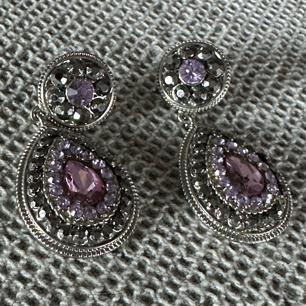 Vintage Monet Silver Tone and Purple Teardrop Pierced Earrings